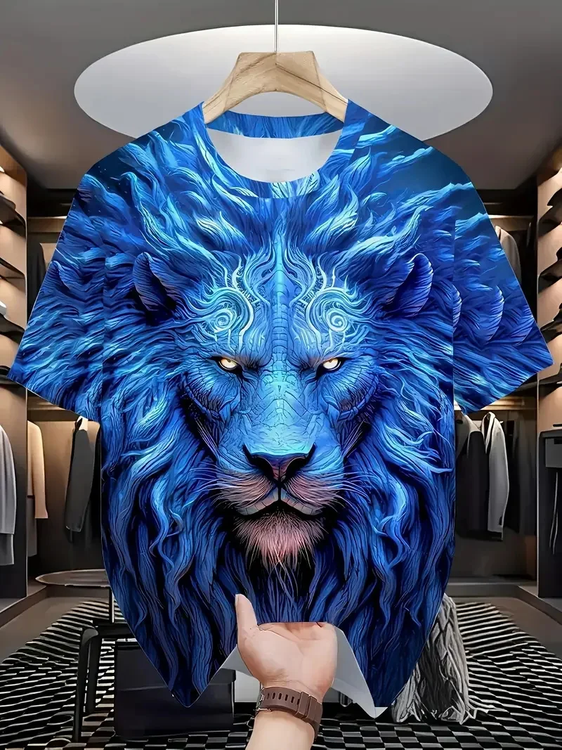 プラスサイズ 3D プリントメンズライオンプリント Tシャツ夏半袖ラウンドネック Tシャツメンズ新動物ライオン柄 Tシャツトップ