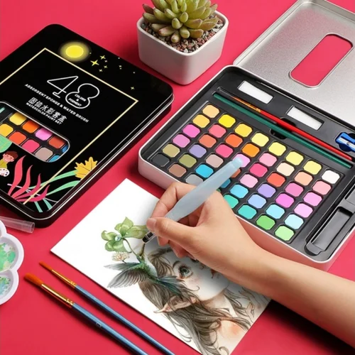 Imagen 2 del producto Juego de pintura de acuarela sólida, conjunto completo de herramientas de pintura Gouache para niños principiantes, caja de hierro portátil