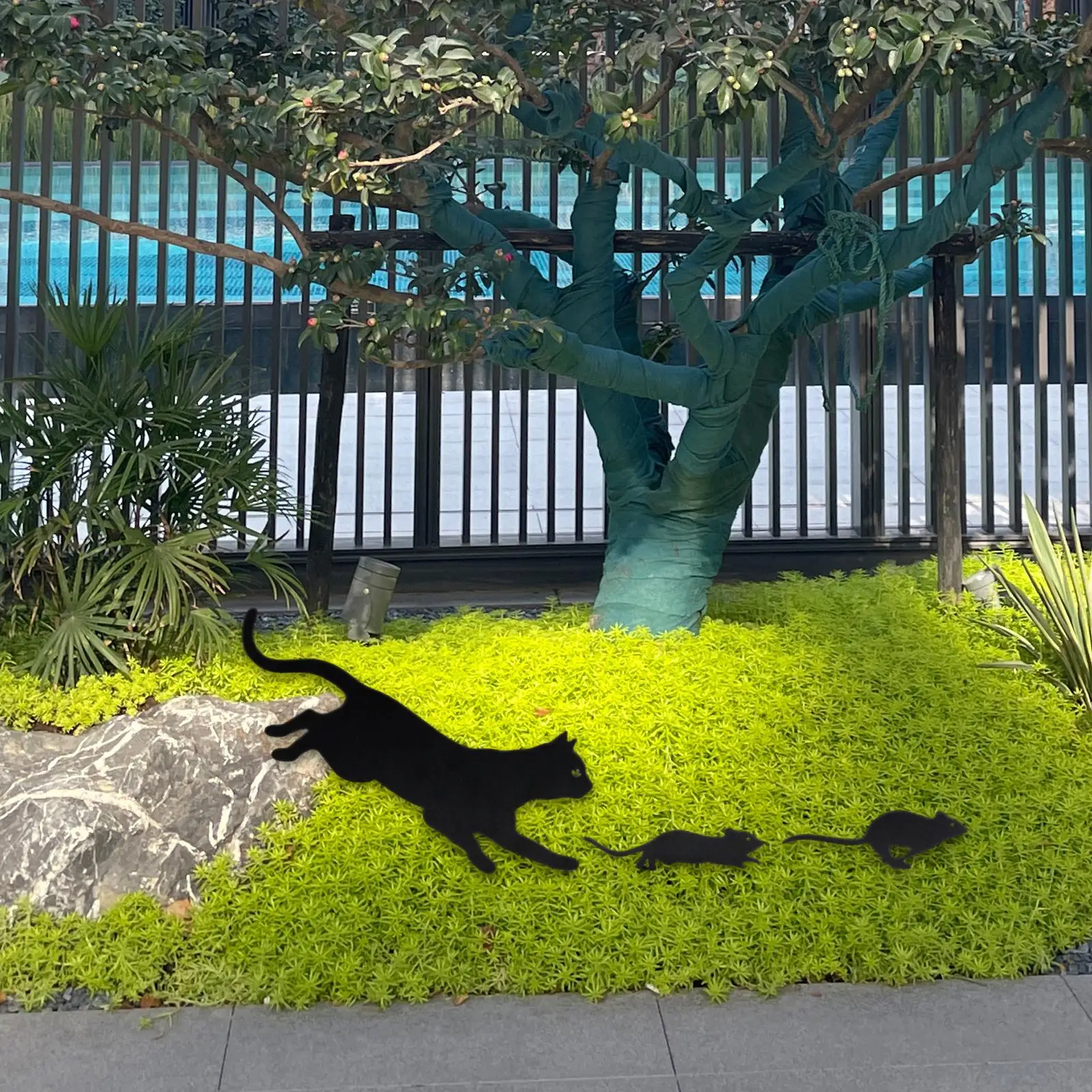 3Pcs Black Cat Mouse Silhouette Yard Metal Garden Signs Weather Resistance Gift Screw Mount for Balcony Outside Animal Lovers