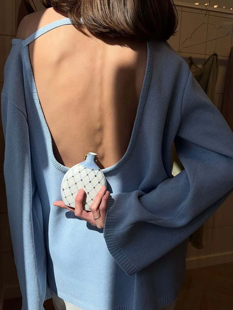 Maglione da donna autunno inverno Pullover a maniche lunghe lavorato a maglia senza schienale sexy Elegante maglione casual da donna chic allentato Maglieria invernale