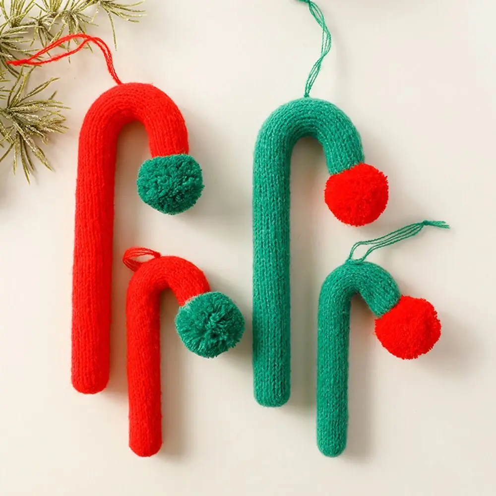 Knitted Plush Christmas Cane Candy Red Green Handmade Hanging Candy Cane Ornaments Cartoon Christmas Tree Pendant