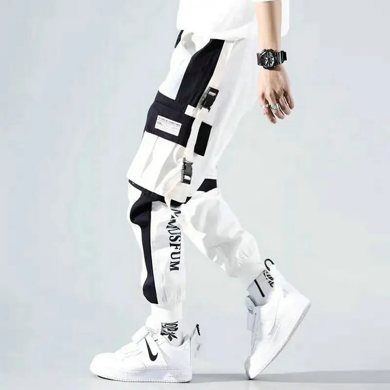 Streetwear Spring Casual Men\'s Pants Cotton Harem Ribbons Joggers Men Patchwork Fashion Ankle Length Jogger Pants For Boys