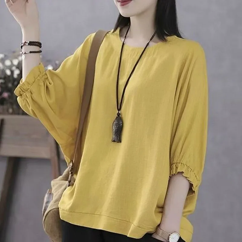 

2023 Spring and Summer Women's New Solid Commuter Top Round Neck Bat Sleeve Casual Comfortable Versatile 5/4 Sleeve Top