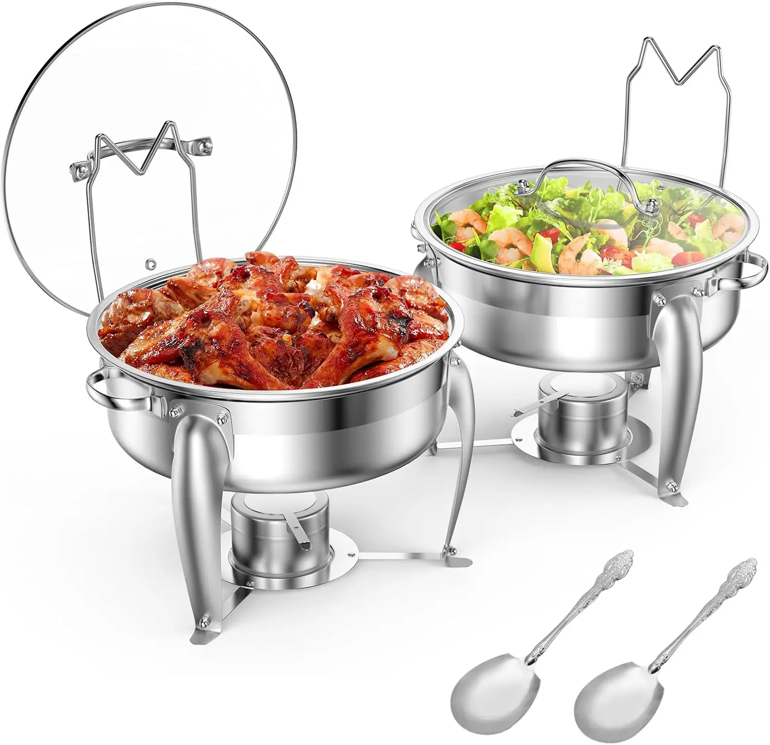

6 QT Chafing Dish Buffet Set with Serving Spoons, 2 Packs Stainless Steel Round Chafing Dishes with Glass Lid & Lid Holder, Food