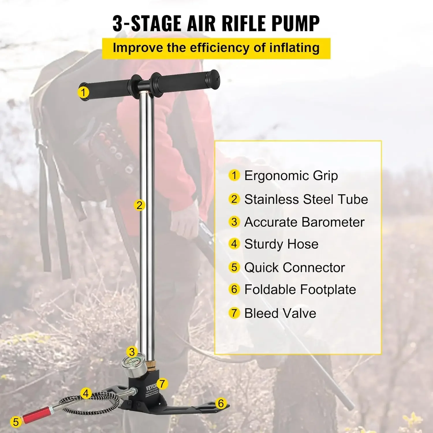 Airgun PCP-Pumpe, 4500 PSI, Hochdruck-Handpumpe, 3-stufige Pumpkammer, PCP-Luftpumpe, Silber