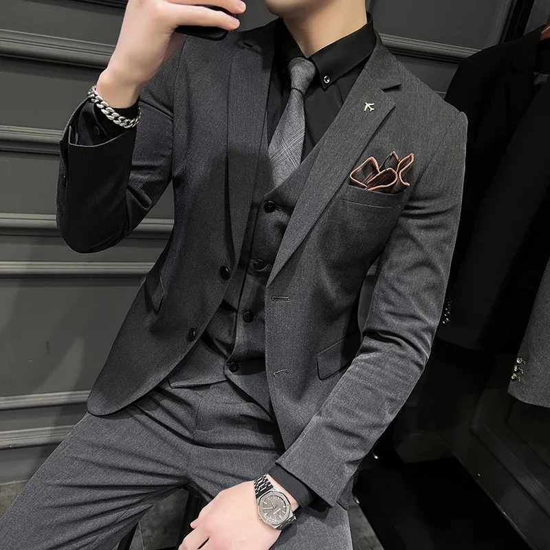 ( Blazer + Vest + Pants ) Boutique Fashion Solid Color Men\'s Slim Casual Business Suit Three-piece Set Groom Wedding Dress Party