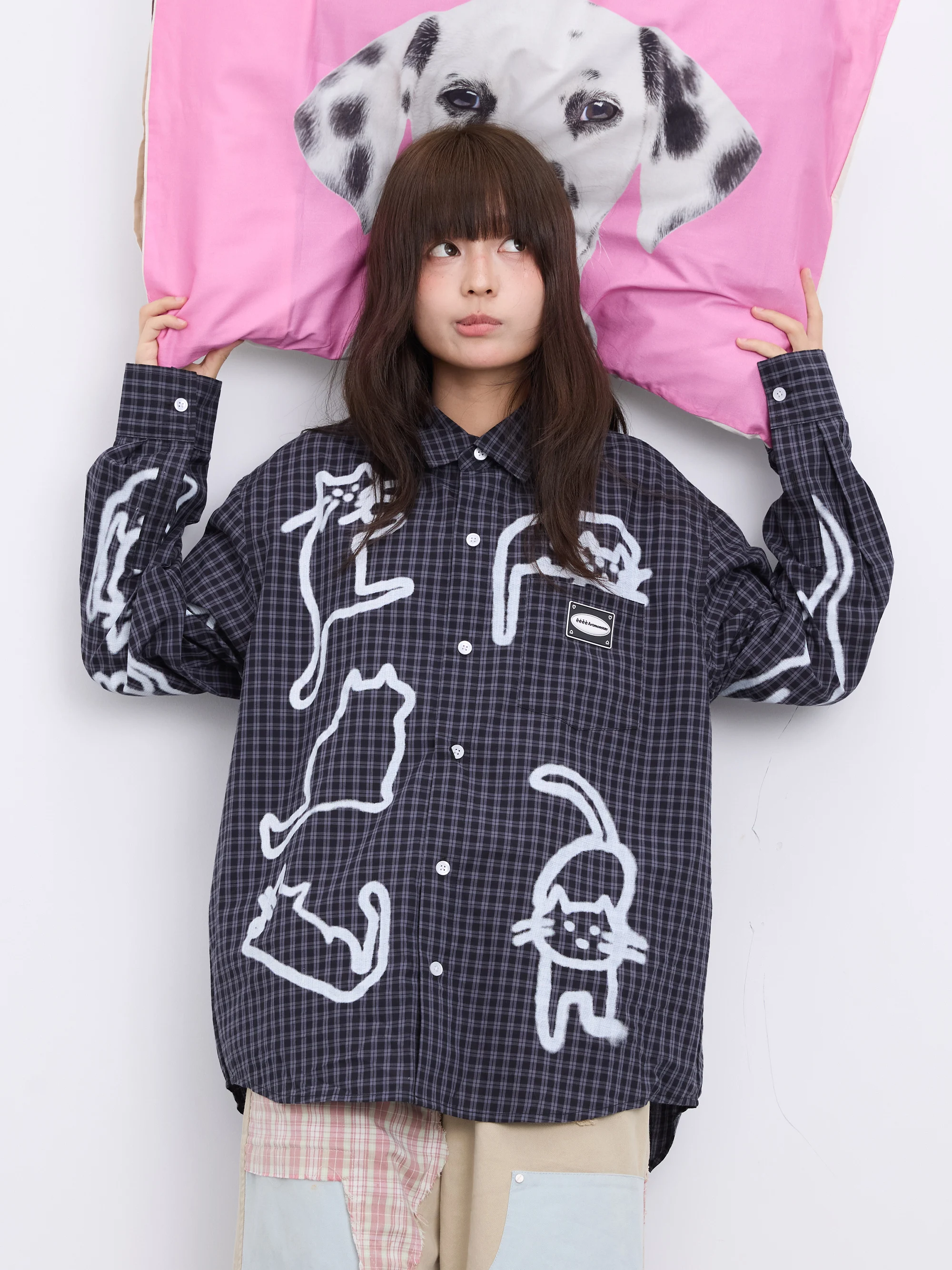 Hand-Drawn Graffiti  Long Sleeve Blue Plaid Shirt Street Style Loose Fit Youthful Trend Autumn Wear for Men And Women
