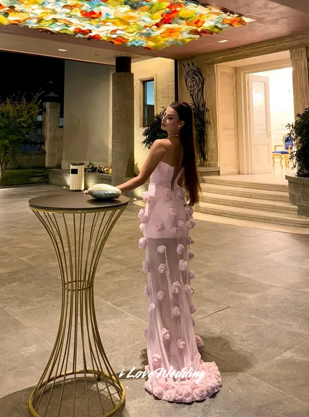 

Pink Strapless Evening Dress 2025 Sweetheart Sleeveless Backless Lace-Up Mermaid 3D Flower Split Floor-Length Pleated Customized