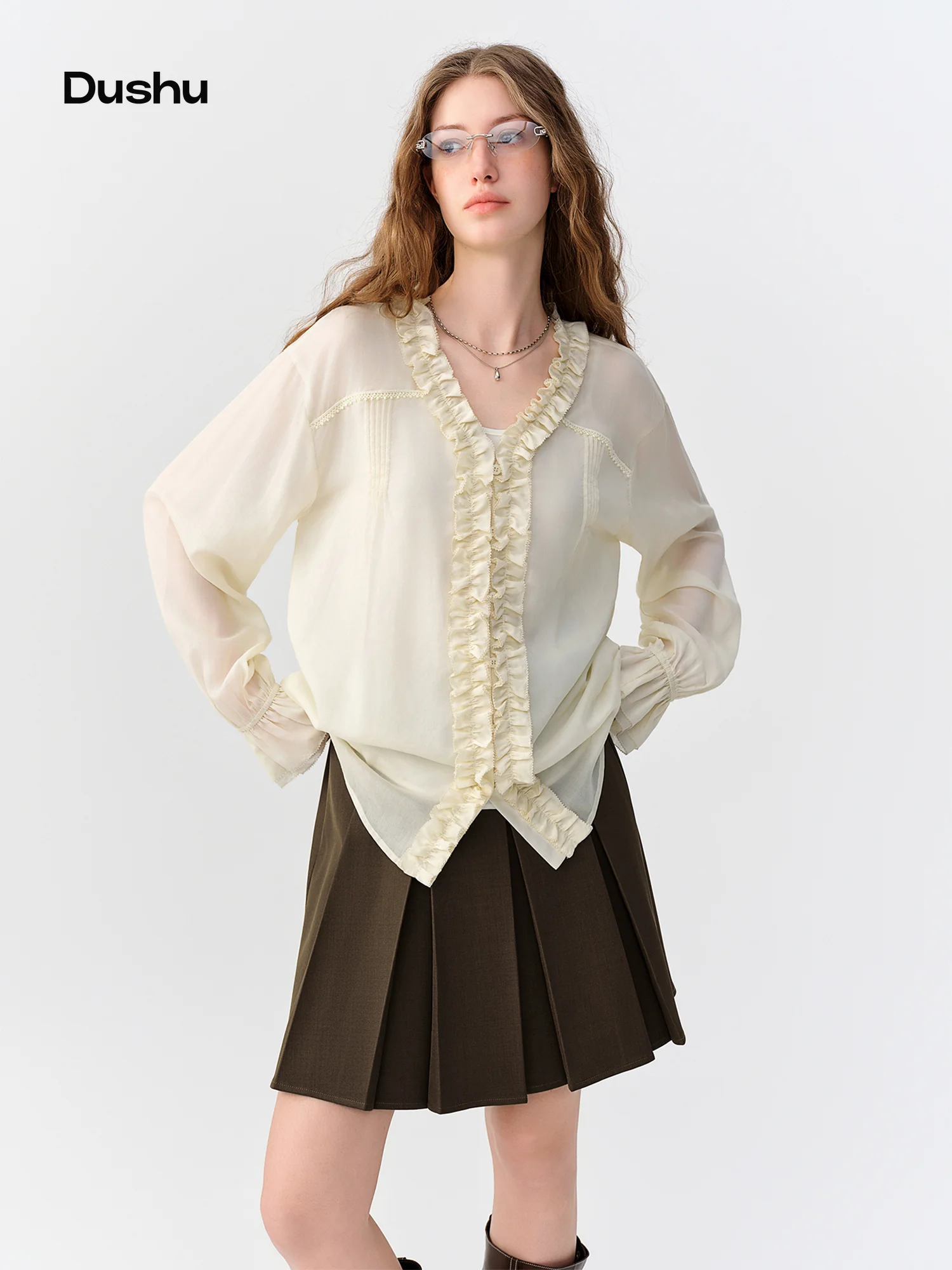 DUSHU 2026 Autumn New French Romantic Ruffle V-Neck Blouse for Women 100% Lyocell Fiber Top Available in Multiple Sizes Shirts