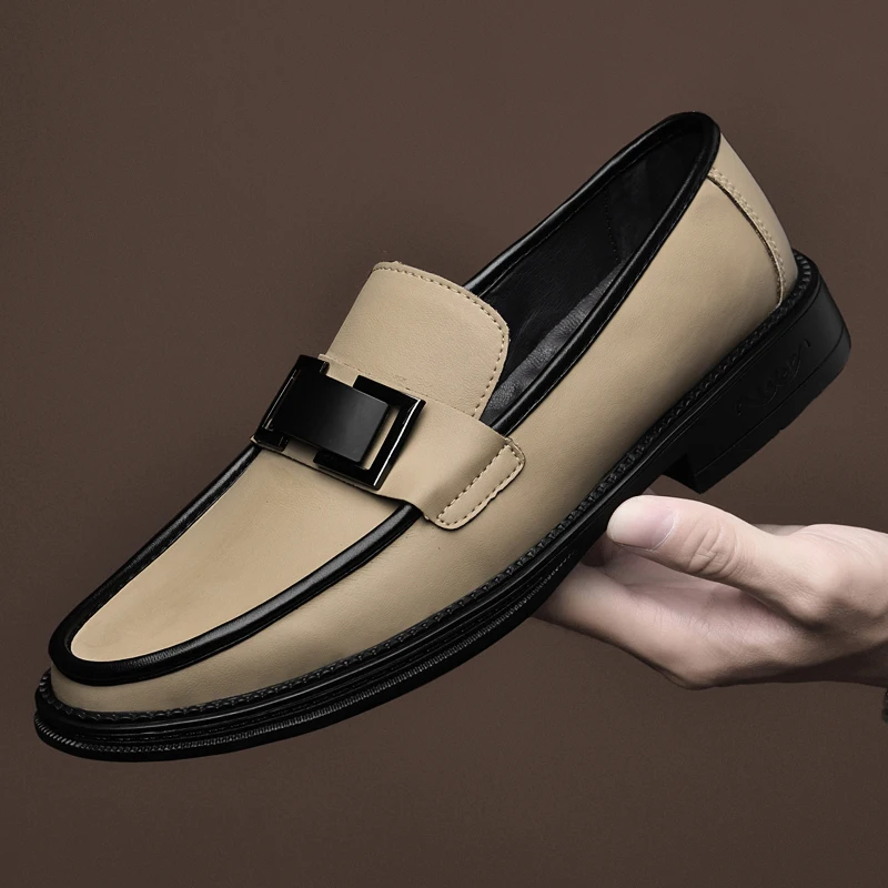 Spring Genuine Leather Luxury Brand Le Fu Shoes Metal Buckle Business Casual Leather Shoes Men's Wedding Oxford Shoes Moccasin