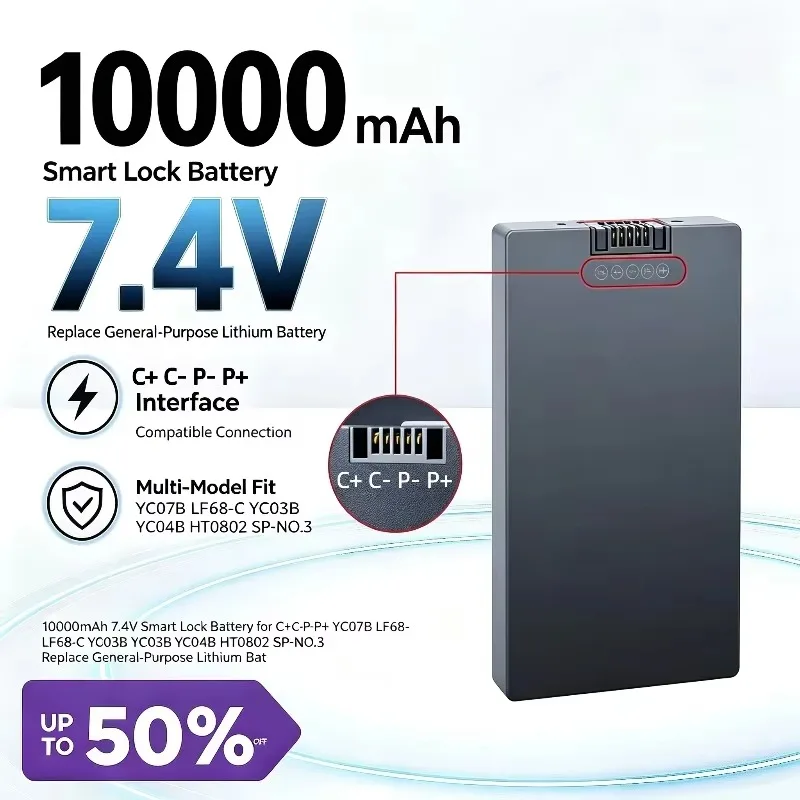 10000mAh 7.4V Smart Lock Battery for YC07B LF68-C YC03B YC04B HT0802 SP-NO.3 [C+C-P-P+] Replace General‑Purpose Lithium Battery