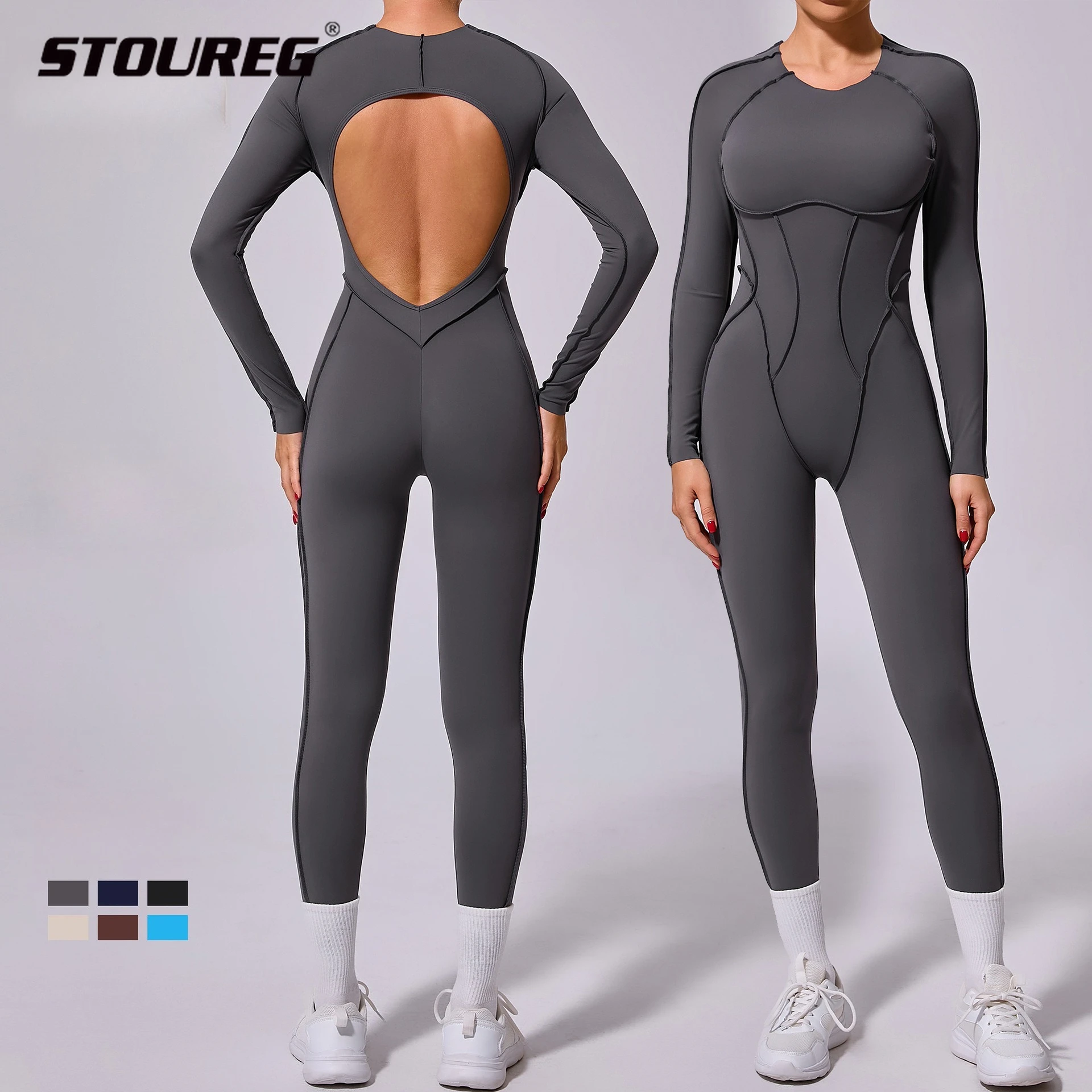 

New winter aesthetic one-piece sports yoga suit with back exposure, tight-fitting long-sleeved pants and one-piece clothes