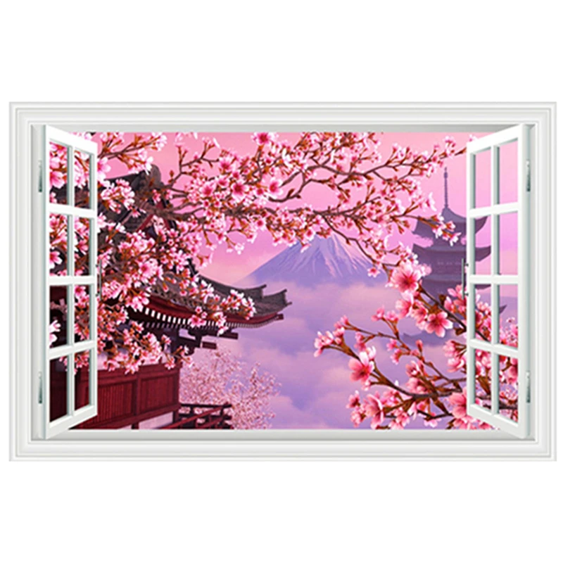 Outside the Window Cherry Blossom Scenery 3D Wall Art Vinyl Stickers Home Decoration Sakura Flower Landscape Wallpaper 4 Choices