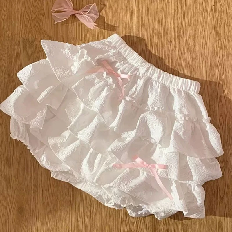 Sweet Bowknot Layered Ruffle Frilly Cake Shorts Japanese Women Casual Safety Shorts Wide Leg Ruched Pettipants Knickers