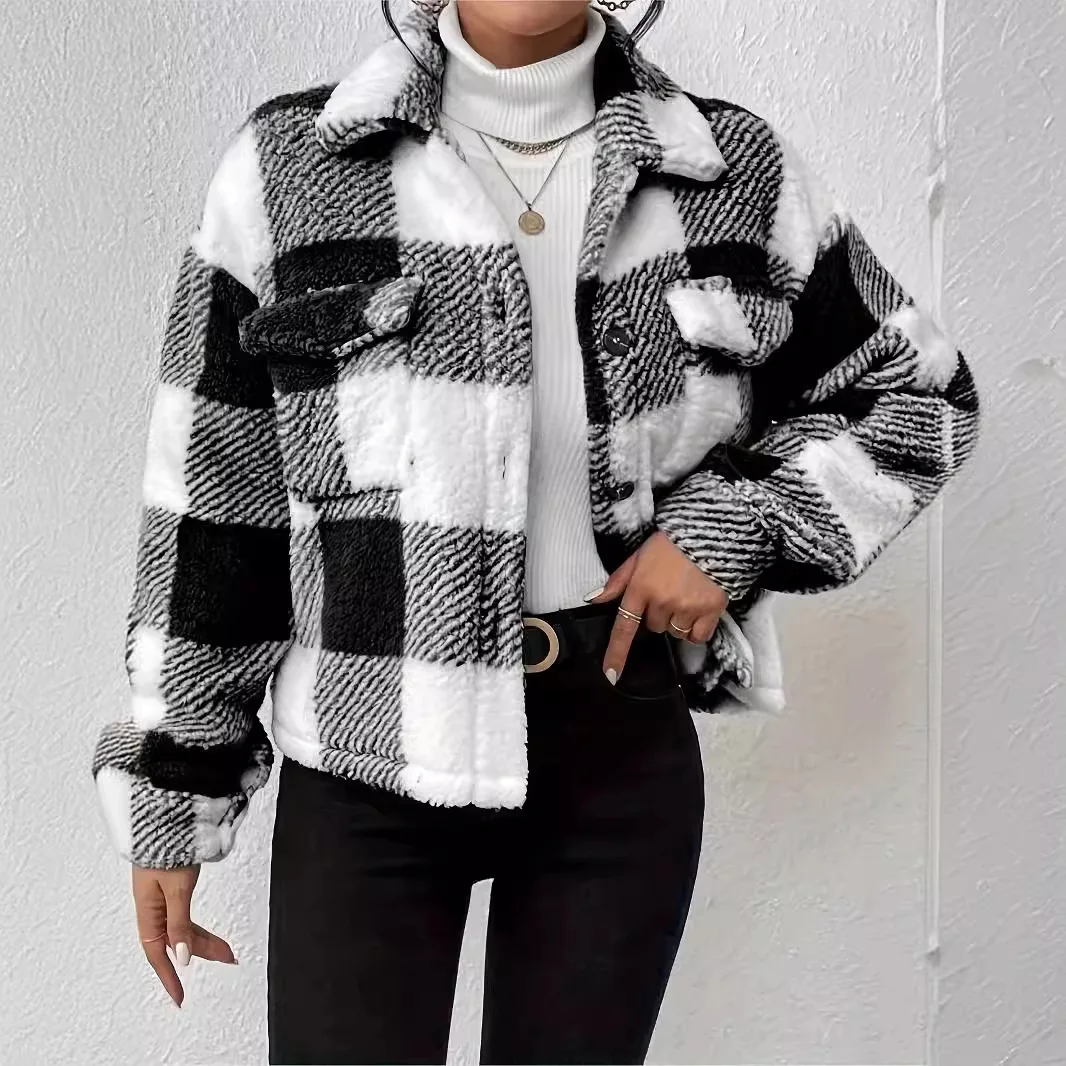 

Warm Coat for Women 2025 Sutumn Winter Plaid Pattern Turn-Down Collar Long Sleeve Button Coat Jacket