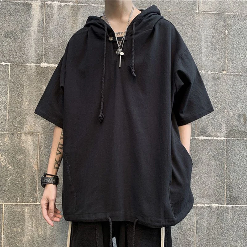 Summer Drawstring Short Sleeve Men Hooded Sweatshirts Student Fashion Harajuku Casual Punk Oversized Pullover Black White Orange