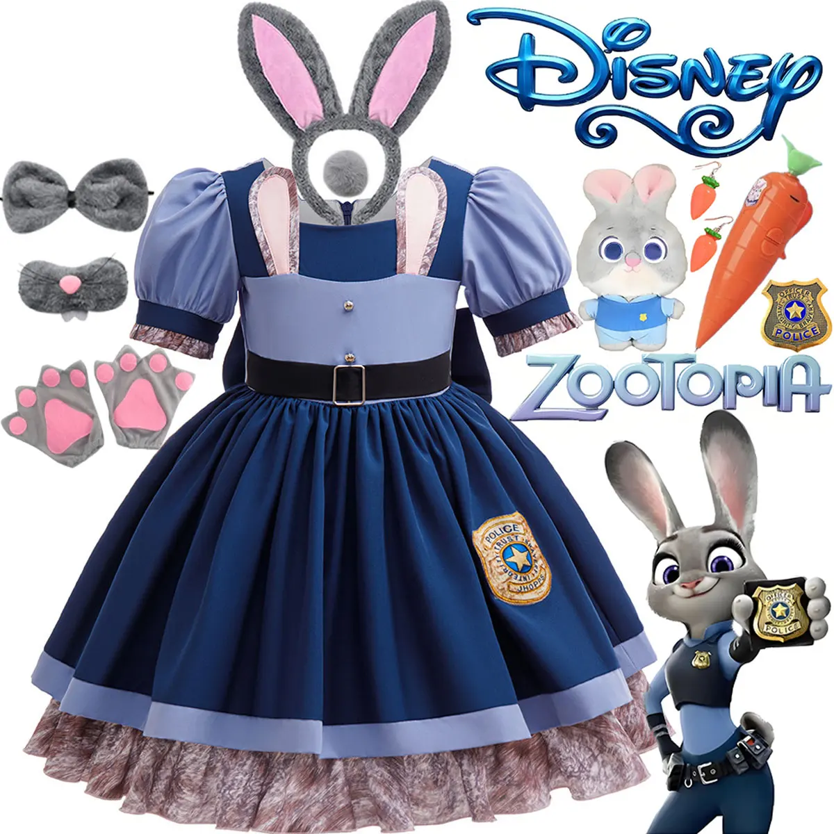2026 Offiziell Disney Zootopia Judy Hopps Prinzessinnenkleid Mädchen Cosplay Kostüm Kinder Halloween Geburtstag Party Faschingskostüm