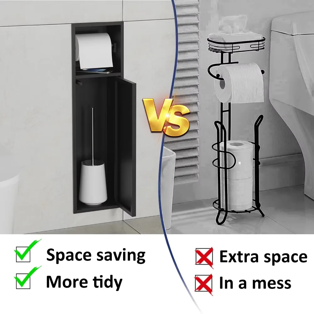 304 Stainless Steel Wall‑Embedded Bathroom Niche Paper Roll Holder Toilet Brush Storage Accessory