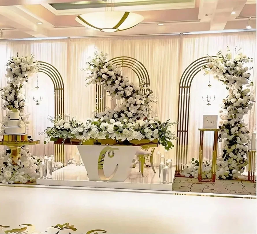 Shiny Electroplated Gold Curved Five-panel Screen Frame, Artificial Flower Archway Decoration, Suitable for Wedding Ceremonies