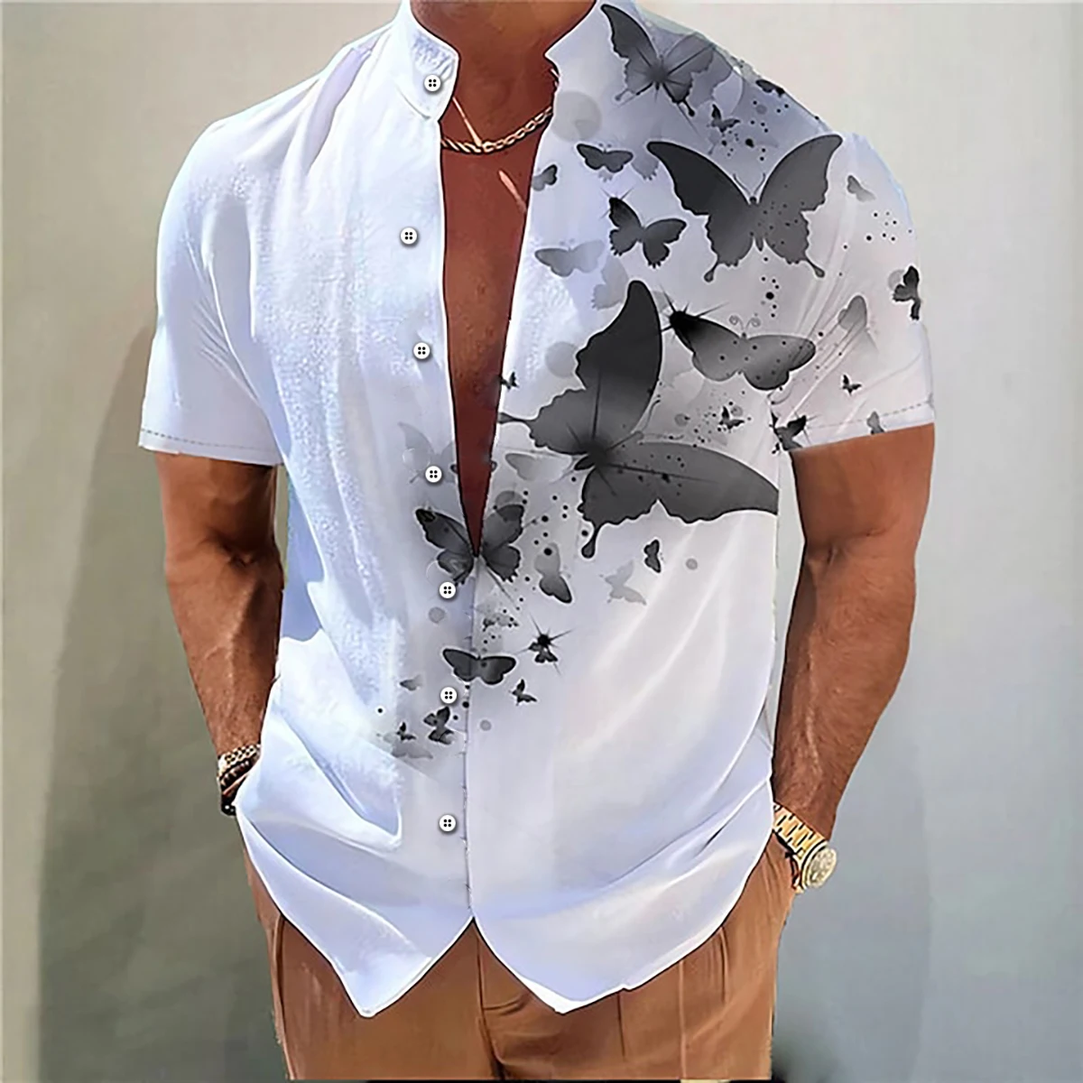2025 Men's Shirt Butterfly Pattern 3D Printing Stand Collar Multi-color Outdoor Street Short Sleeve Hawaiian Muslim Men Clothing