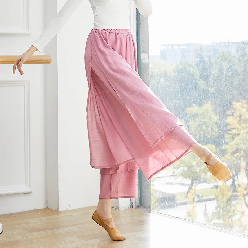 ملابس ممارسة الرقص الحديثة سراويل ممارسة النساء الصينية الرياح القطن الحرير والكتان انقسام واسعة الساق السراويل الرقص الكلاسيكي