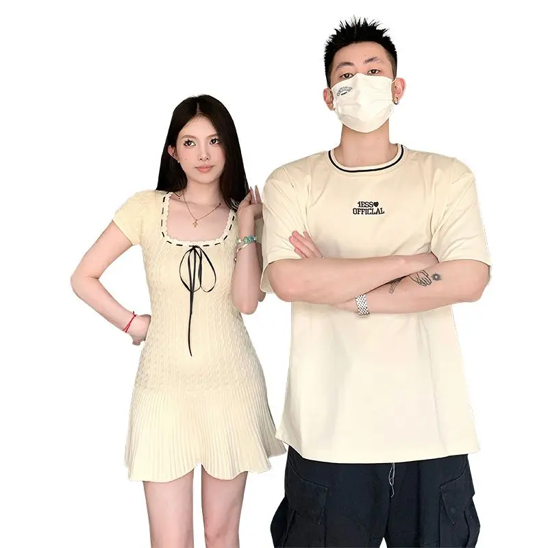 New Fashion Couple Dress Summer 2023 Korean Version of Short-sleeved T-shirt Nightgown Woman French Slim Mid-length Skirt