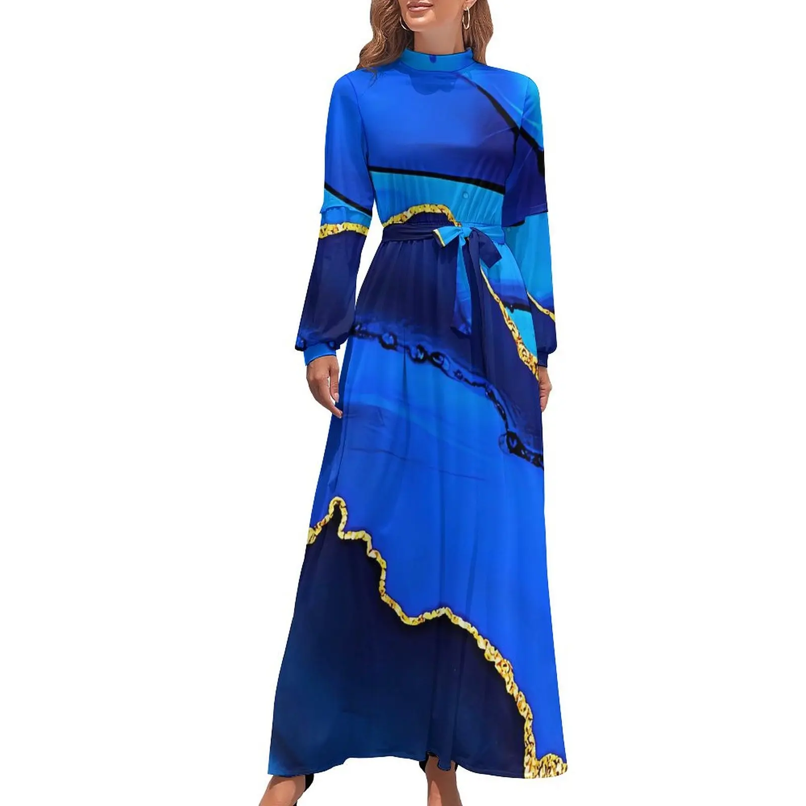 Abito con stampa in marmo oro e blu Vita alta Abiti da spiaggia Boho personalizzati Abito lungo estetico a maniche lunghe Abiti Kawaii