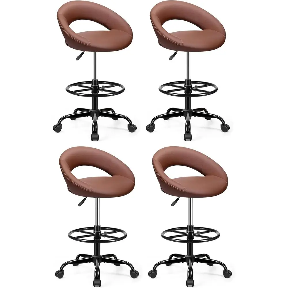 

Adjustable Height Swivel Stool with Footrest, Brown Leather Chair on Wheels for Home or Office, 4-Pack