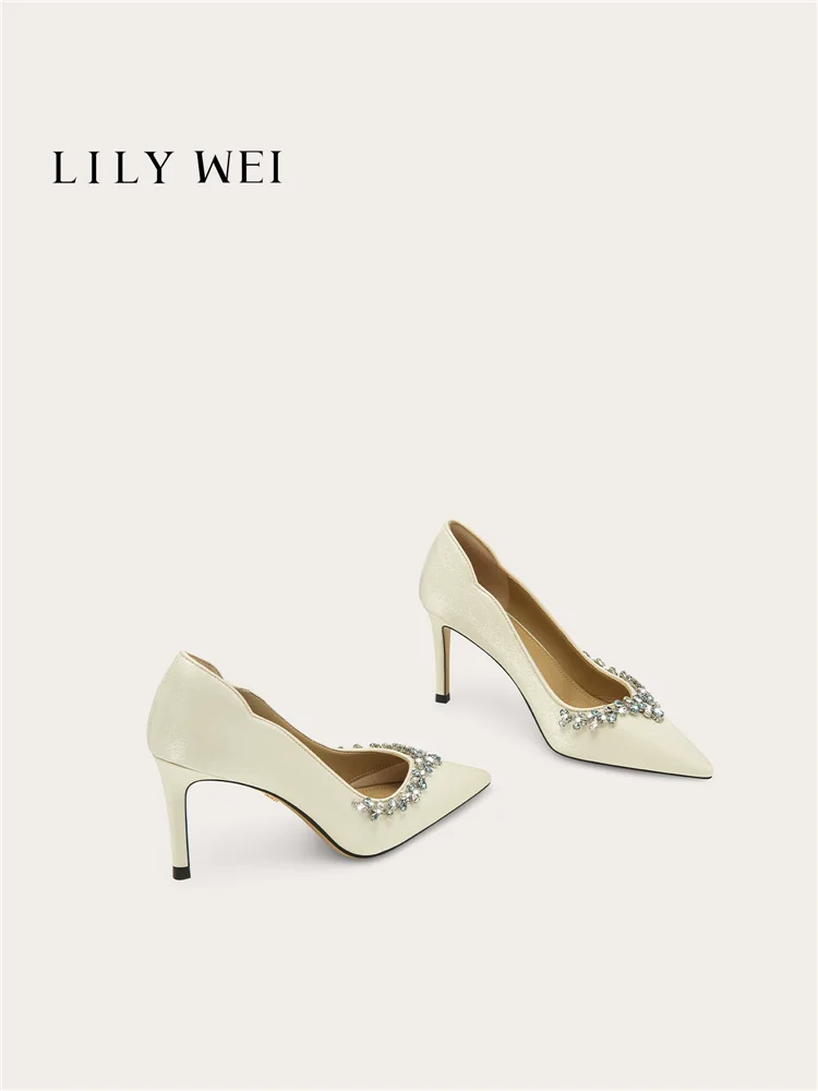 

Spring new pointed rhinestone silk surface widened version wedding shoes banquet large size small size high-heeled women's shoes