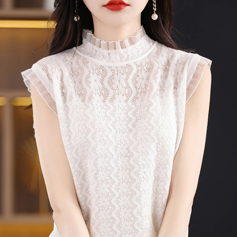 

2023 Summer Knitted Blouse Stand Collar Elegant Sleeveless Lace Tops Women Ruffled Spliced Shirt Ladies Solid Tank Tops 27218