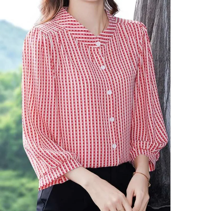 Round Neck Spring Autumn Lantern Long Sleeve Pullover Plaid Button Women\'s Clothing Contrast Color Shirt Flattering Elegant Tops