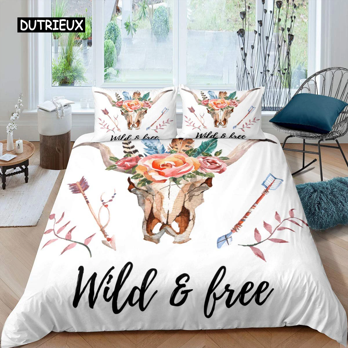 Bull Skull Duvet Cover Set Boho Chic Feather Bedding Set Bohemian Exotic Branches Flower for Teens Microfiber King Quilt Cover