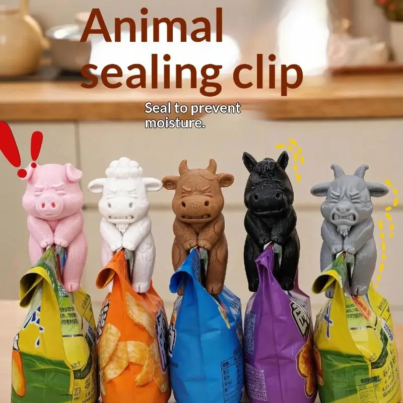 Farm Animal Bag Clips 3D Printed Funny Food Safe 1/5Pcs Sealing Clips for Pet Food Snack Pouch Fresh Keeping