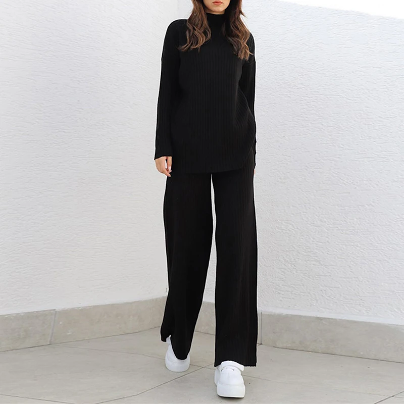 Kobiety Casual Long Sleeve Homewear 2Pc Set Elegant Knitted Solid Outfits Fashion Half High Neck Pullover Sweater & Long Pant Suit