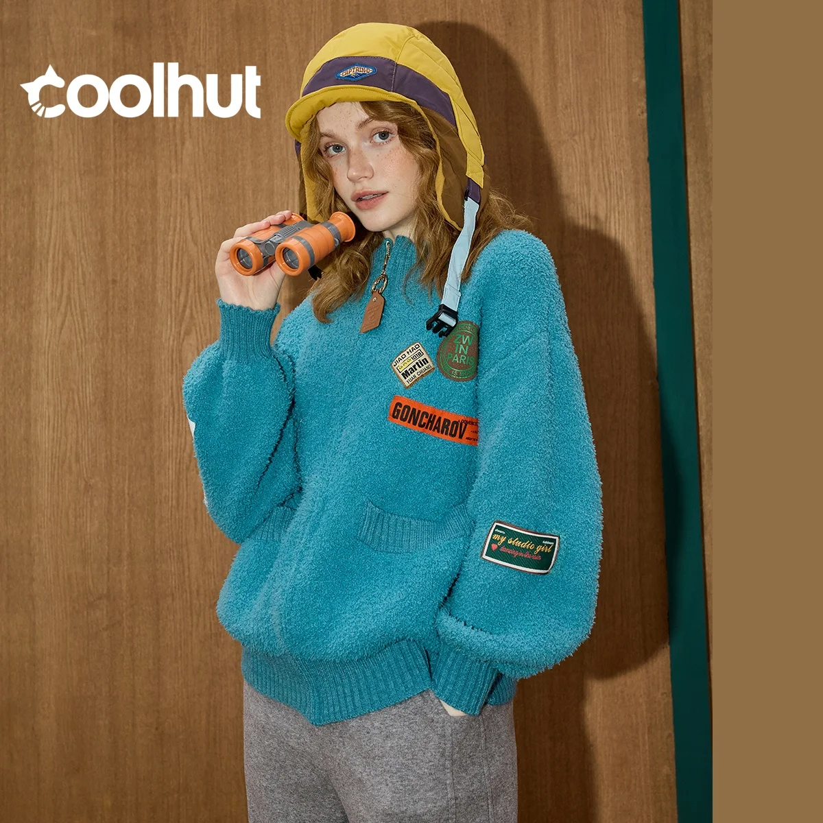 

COOLHUT Winter Women's Faux Shearling Cardigan Plush Oversized Applique Detail Design Heavyweight Loungewear Cozy Drop Shoulder