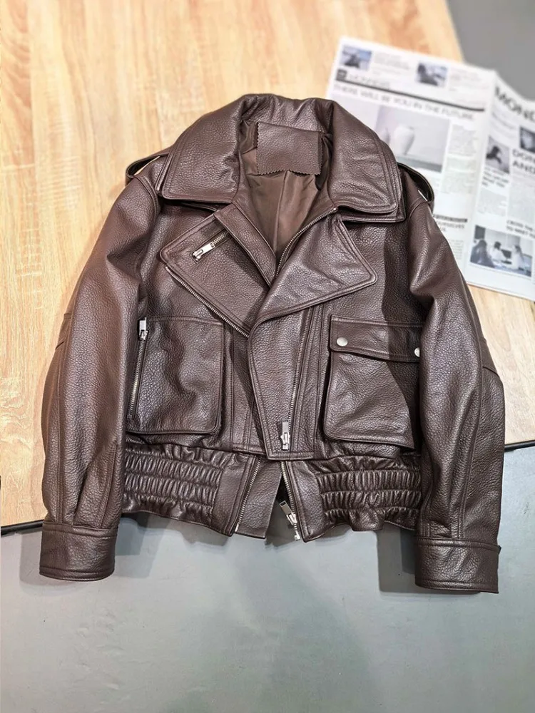 خريف شتاء جديد إمرأة موضة جلد طبيعي جاكيت زيبرا كم طويل Sheespkin ترتيب الأسرة طوق سيدة دراجة نارية معطف قصير