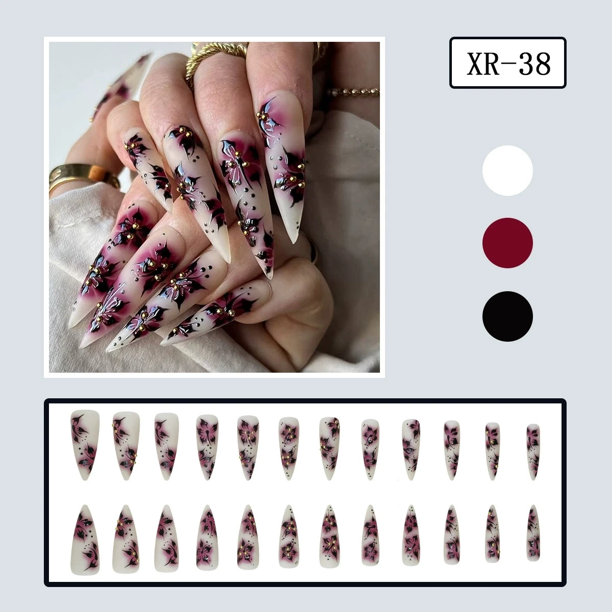 24 stuks donkere bloemen nepnagels druk op acrylnagels draagbaar mode lange stiletto matte kunstnagels 3D gouden kraal decor amandel