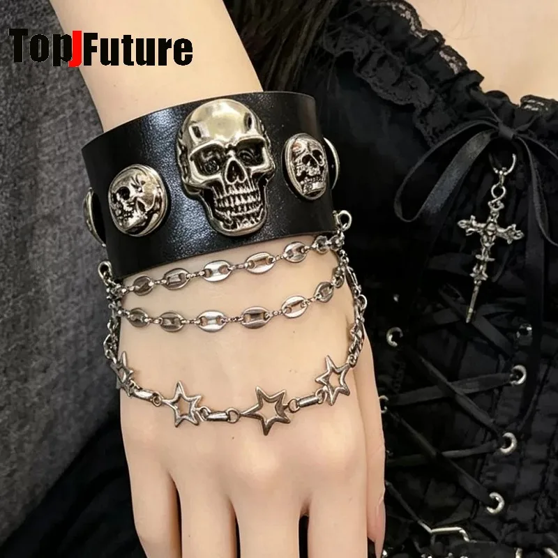 Alternative Subculture Y2K Spicy Girl Gothic Rock Punk Alloy Skull Rivet Chain Bracelet Heavy Metal Craft Streetwear Wristband