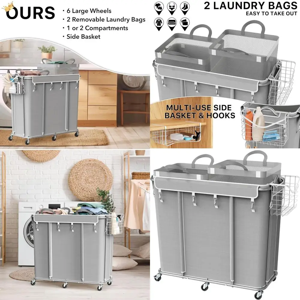 

Сверхмощная 2-секционная тележка на колесиках емкостью 265 л, съемные сумки, 6 колес для дома, гостиницы, общежития, тренажерного зала — серый