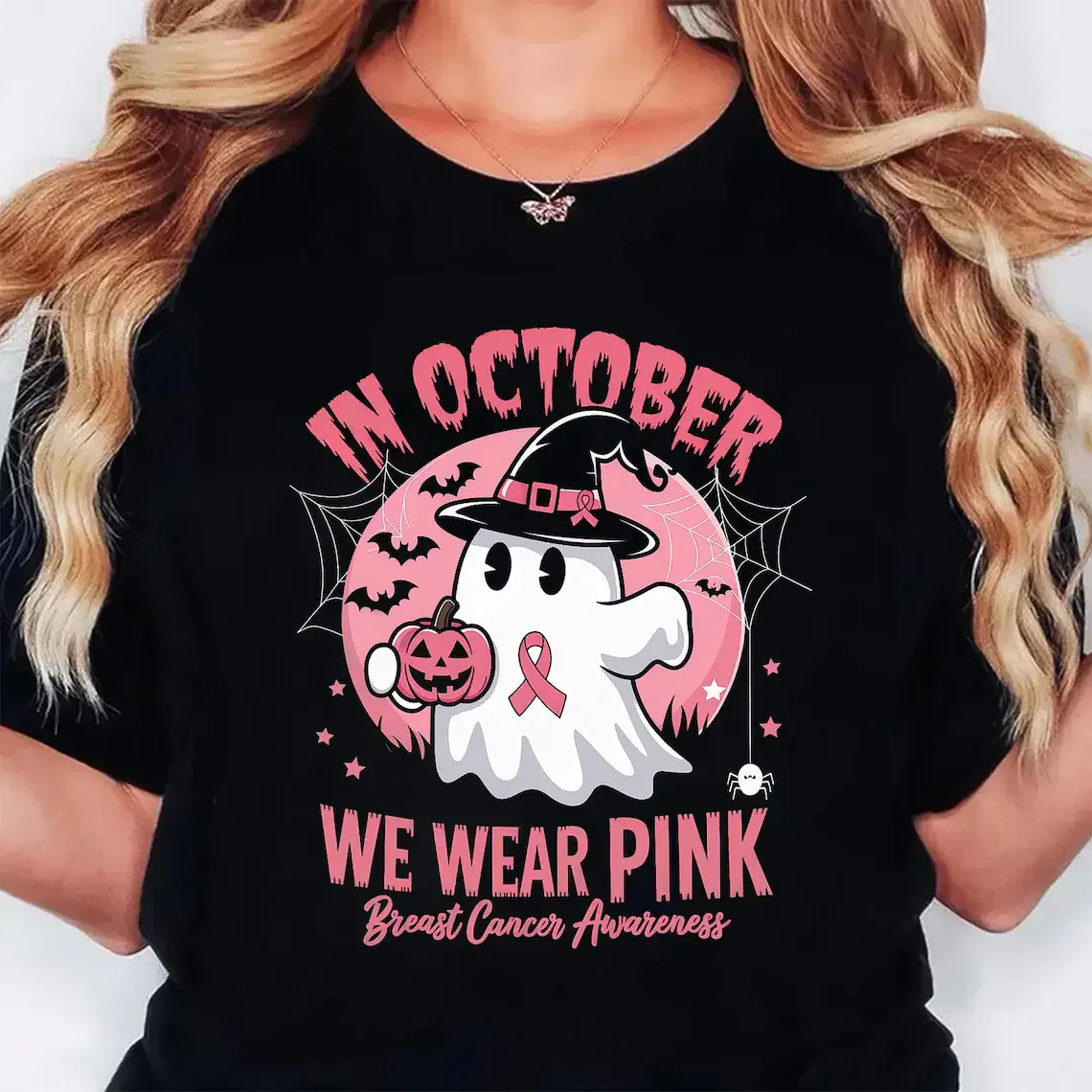 Stylish Halloween Witch Ghost Pink Ribbon Print Womens T Shirt Casual Short Sleeve Top for Breast Cancer Awareness Daily Wear