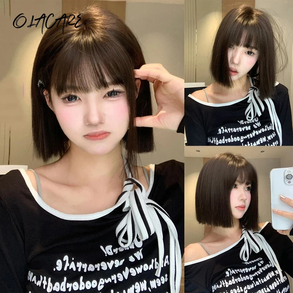

Short Black Brown Synthetic Natural Hair Wigs for Women Bob Straight Wig with Bangs High Temperature Daily Cosplay Party Wigs