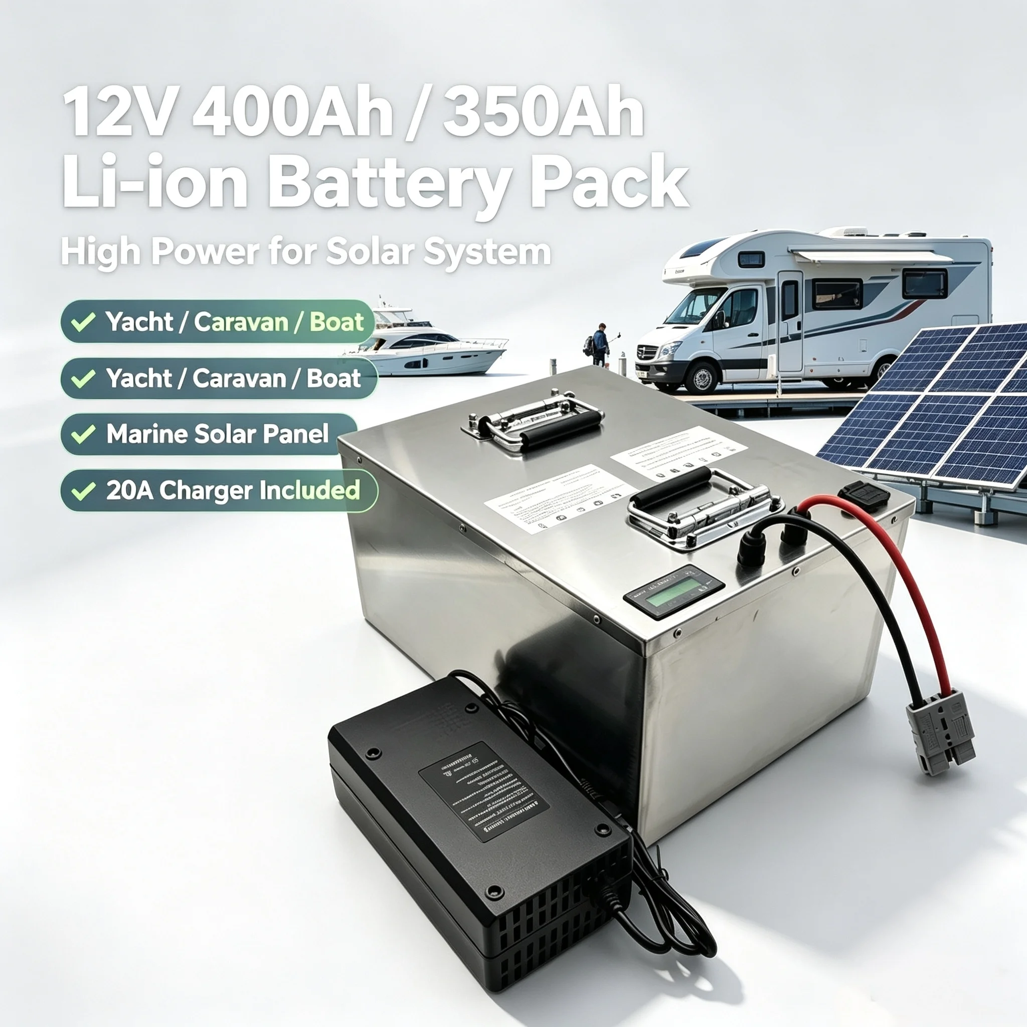 12V 400Ah 350Ah Li ion battery pack High Power solar system for yatch caravan boat motor power marine solar panel + 20A charger