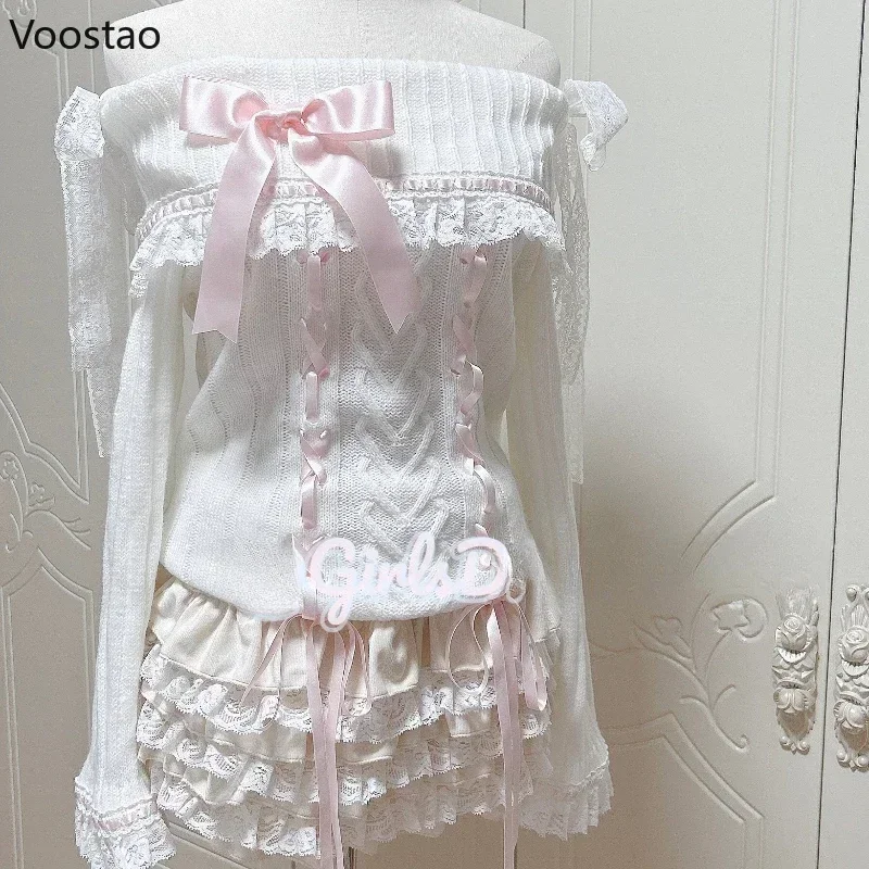 Pullover lavorato a maglia stile Lolita dolce giapponese donna Vintage Slash Neck Ruffles Lace Bandage Bow maglione ragazze Cute maglieria top