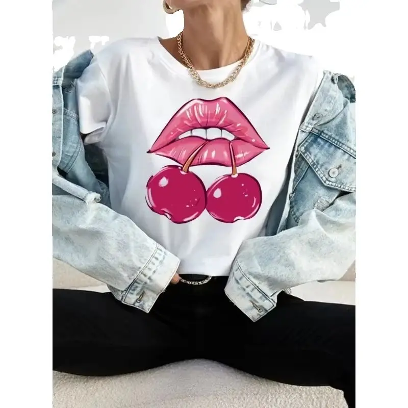 Women's Lips Short Sleeve T-shirt Fashion Print Instagram Base Shirt Women Clothes  Aesthetic Clothes  Summer polyester fabric