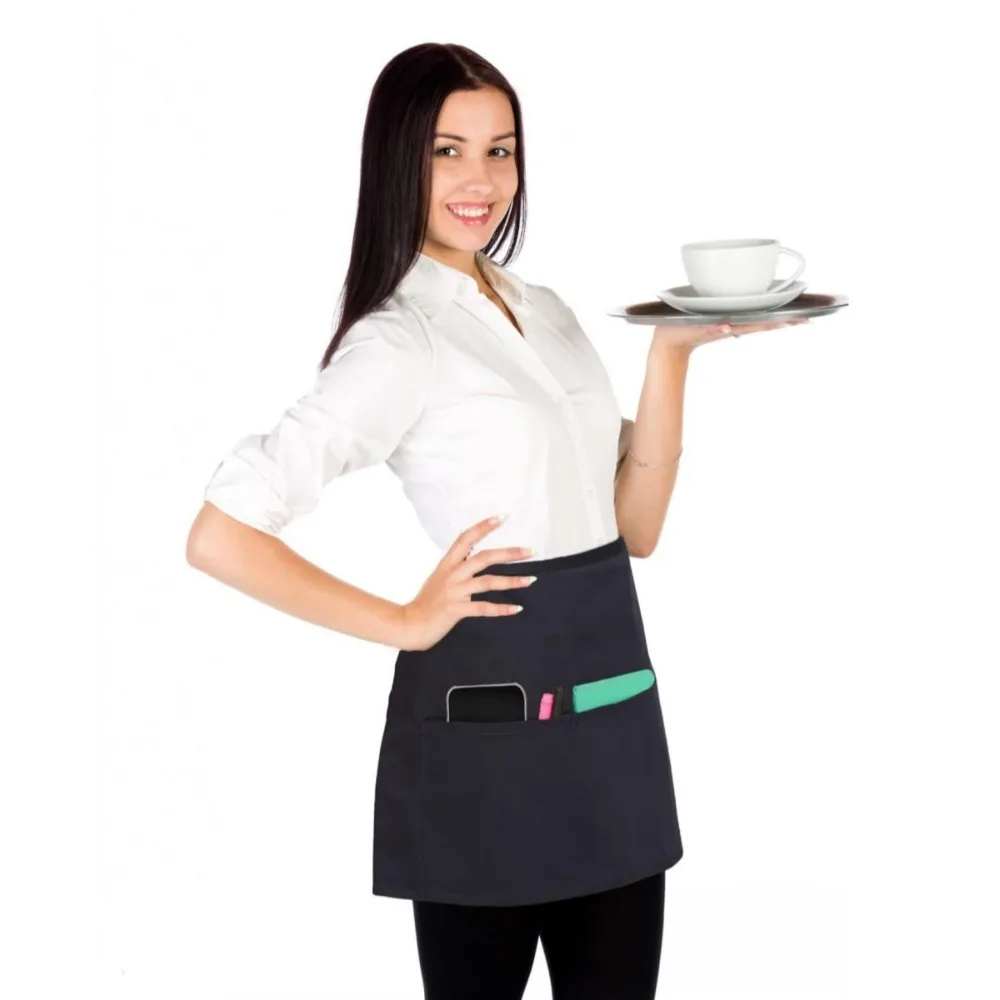 

Tip Apron Polyester Waist Apron Waterproof Black Half Apron with 3 Pockets Antifouling Server Apron Coffee Shop