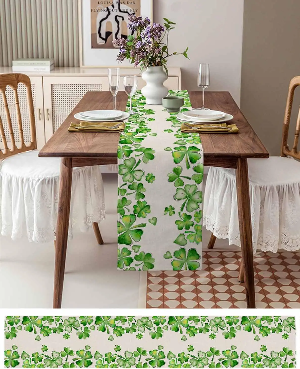 St. Patrick's Day Shamrock Linen Table Runner Dresser Scarf Seasonal Spring Lucky Clover Green Table Runners Dining Table Decor