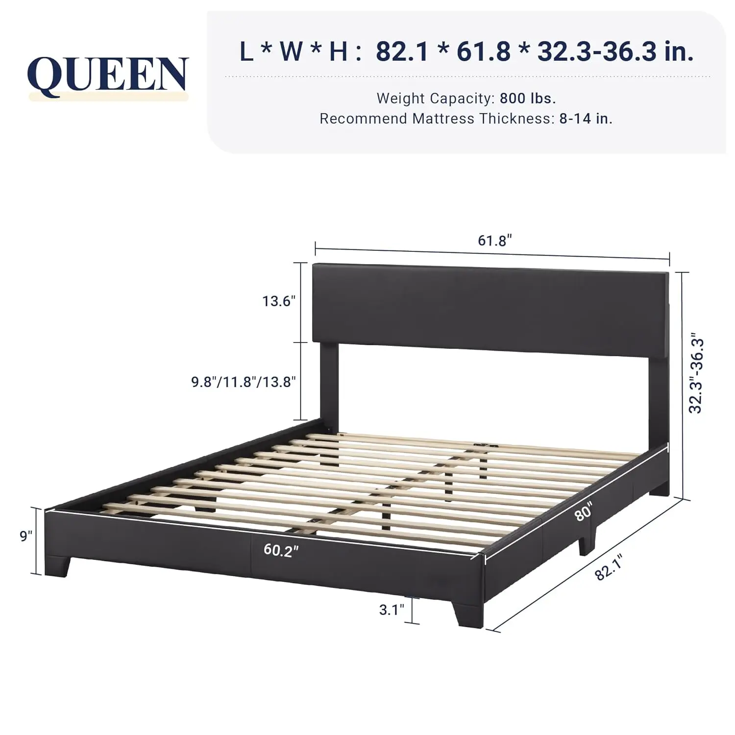 Queen Faux Leather Bed Frame, Adjustable Headboard, Platform with Heavy Duty Wood Slat Support, Noise-Free, Easy Assembly, No Bo