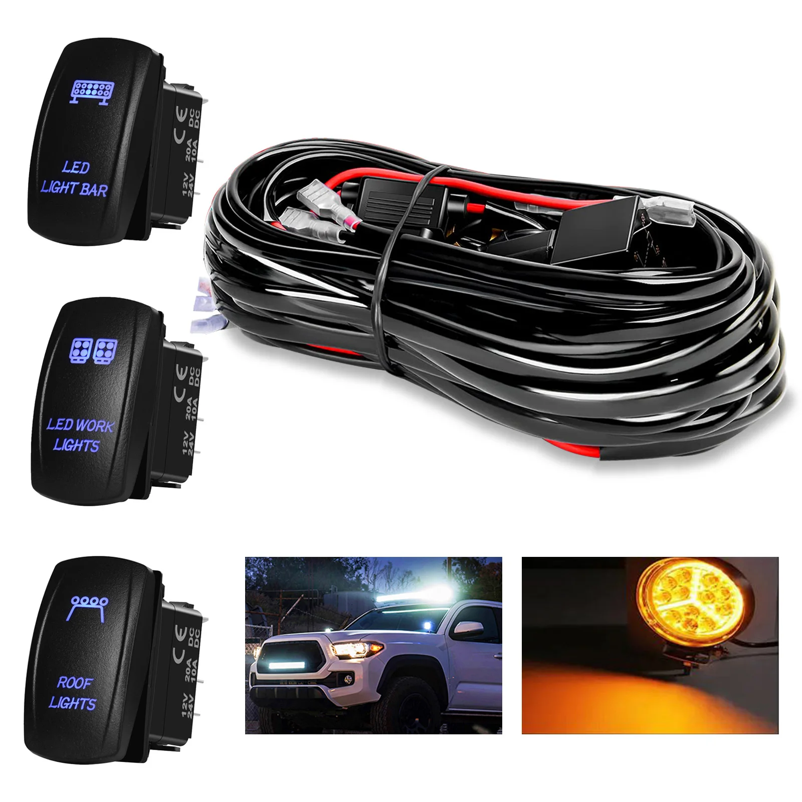 LED Light Bar Wiring Harness Kit 14AWG 12V Blue Led 5Pin SPST ON OFF Rocker Switch Relay 40A Blade Fuse 2.5m Cable Set Car Accy