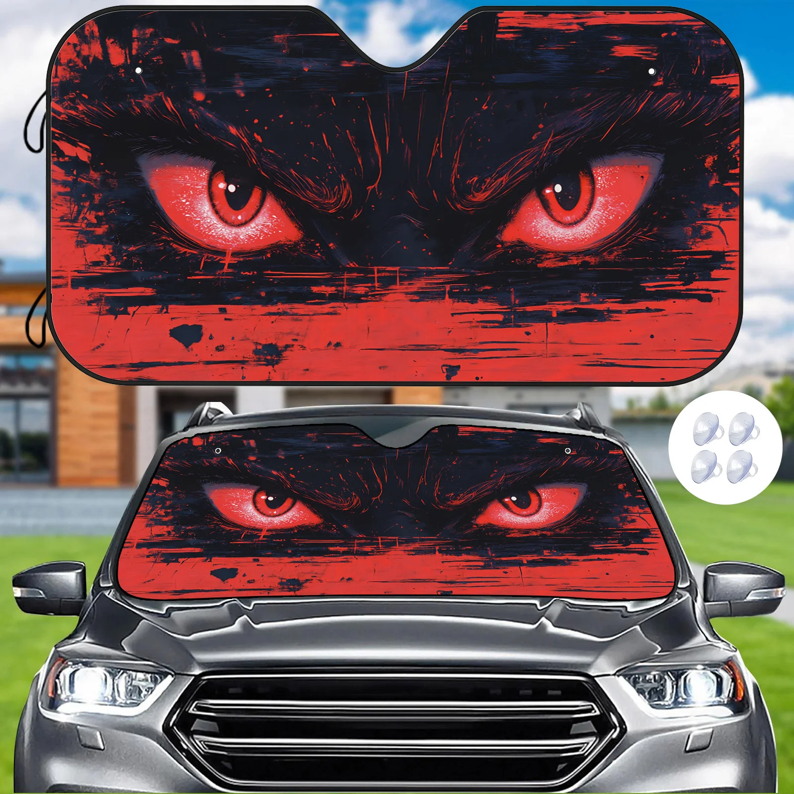 Unique Red And Black Artistic Car Sunshade, High-Efficiency Heat Insulation With 4 Free Suction Cups To Keep The Interior Cool