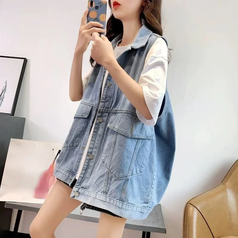 Korean Fashion Button Up Blue Denim Vest Cardigan for Women Girl Spring Autumn Graphic Coat Shirt Vintage Clothing Streetwear